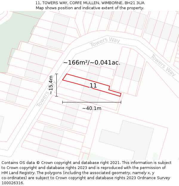 11, TOWERS WAY, CORFE MULLEN, WIMBORNE, BH21 3UA: Plot and title map