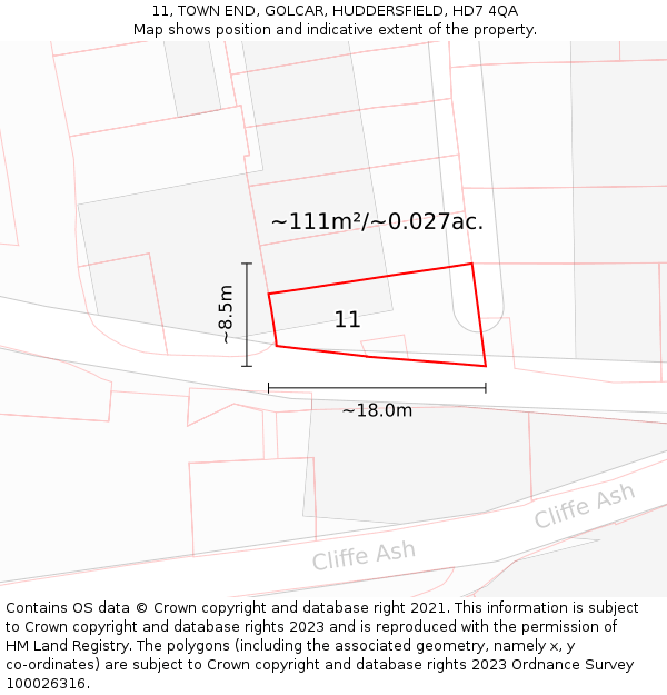 11, TOWN END, GOLCAR, HUDDERSFIELD, HD7 4QA: Plot and title map
