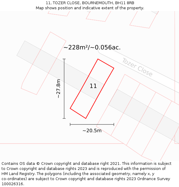 11, TOZER CLOSE, BOURNEMOUTH, BH11 8RB: Plot and title map