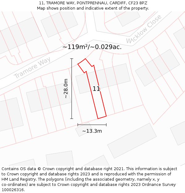 11, TRAMORE WAY, PONTPRENNAU, CARDIFF, CF23 8PZ: Plot and title map