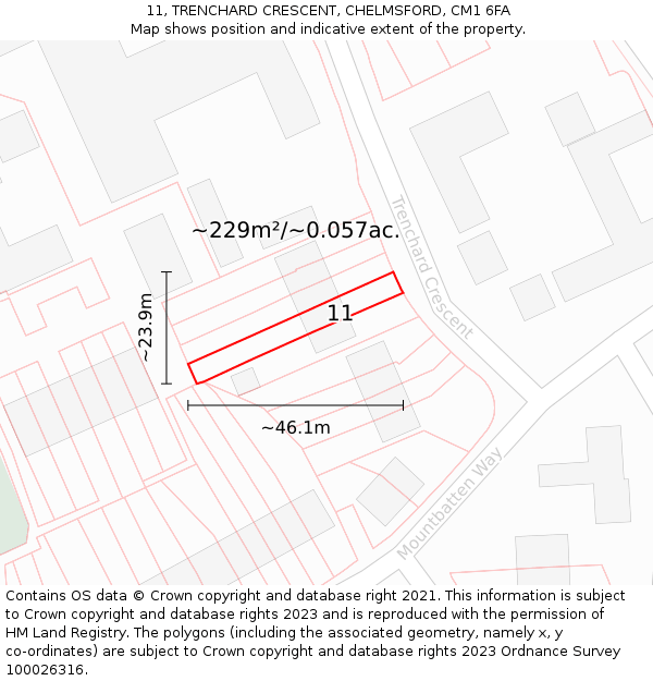 11, TRENCHARD CRESCENT, CHELMSFORD, CM1 6FA: Plot and title map