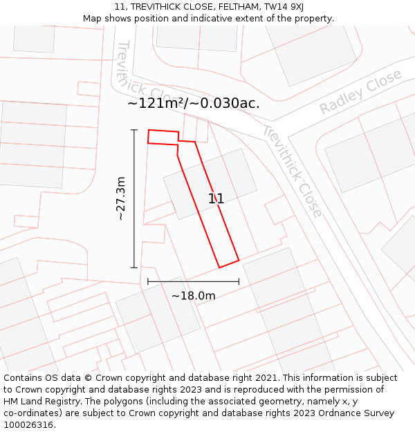 11, TREVITHICK CLOSE, FELTHAM, TW14 9XJ: Plot and title map