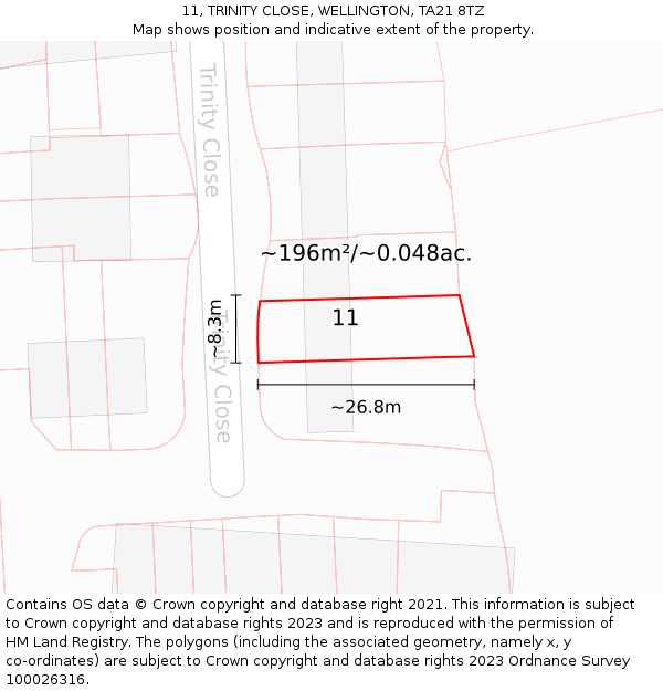 11, TRINITY CLOSE, WELLINGTON, TA21 8TZ: Plot and title map