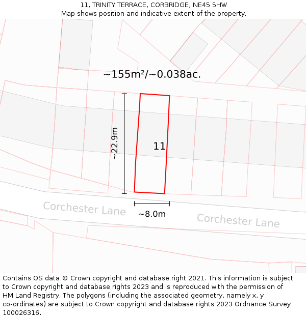 11, TRINITY TERRACE, CORBRIDGE, NE45 5HW: Plot and title map