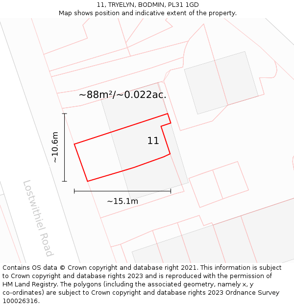 11, TRYELYN, BODMIN, PL31 1GD: Plot and title map