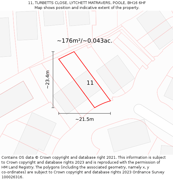 11, TURBETTS CLOSE, LYTCHETT MATRAVERS, POOLE, BH16 6HF: Plot and title map