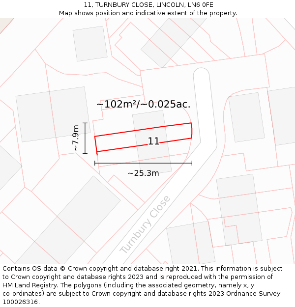 11, TURNBURY CLOSE, LINCOLN, LN6 0FE: Plot and title map