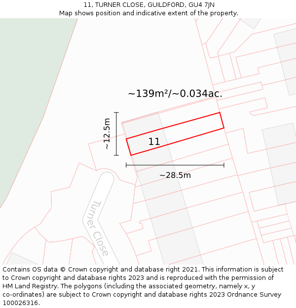 11, TURNER CLOSE, GUILDFORD, GU4 7JN: Plot and title map