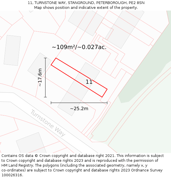 11, TURNSTONE WAY, STANGROUND, PETERBOROUGH, PE2 8SN: Plot and title map
