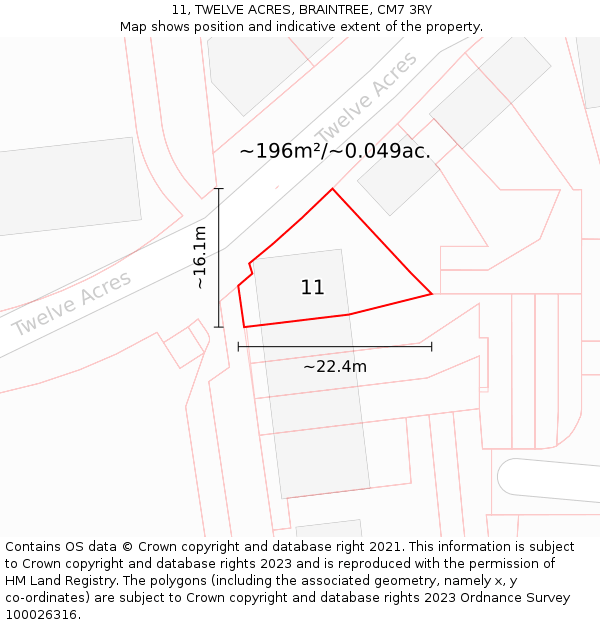 11, TWELVE ACRES, BRAINTREE, CM7 3RY: Plot and title map