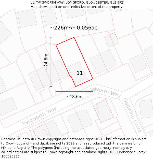11, TWIGWORTH WAY, LONGFORD, GLOUCESTER, GL2 9FZ: Plot and title map