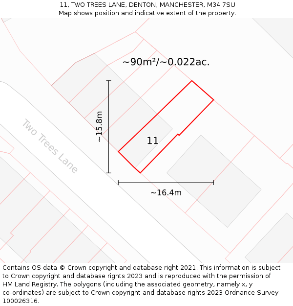 11, TWO TREES LANE, DENTON, MANCHESTER, M34 7SU: Plot and title map