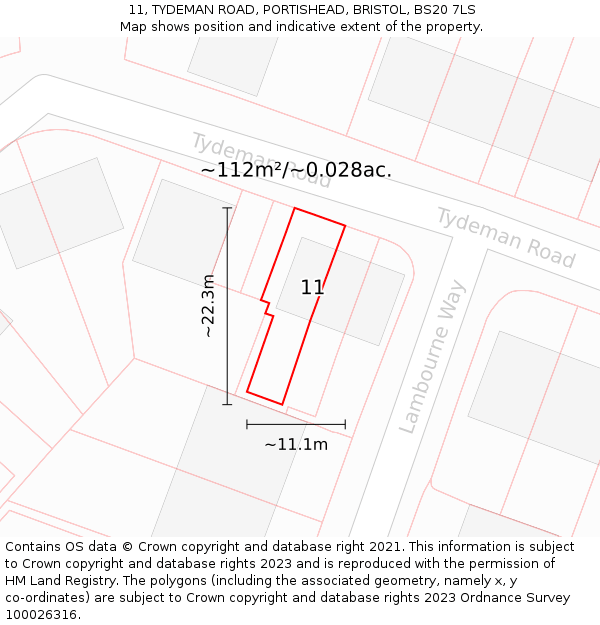 11, TYDEMAN ROAD, PORTISHEAD, BRISTOL, BS20 7LS: Plot and title map