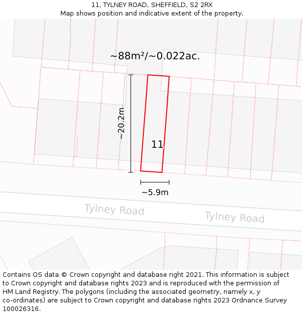11, TYLNEY ROAD, SHEFFIELD, S2 2RX: Plot and title map