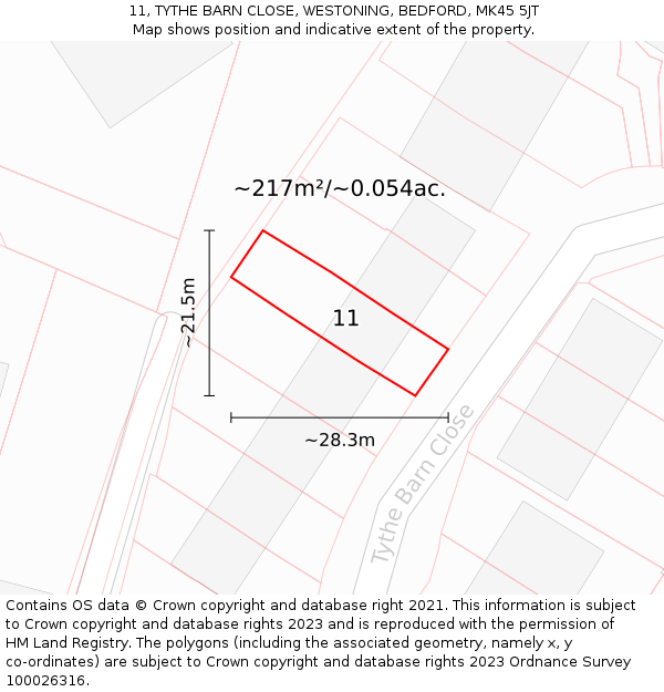 11, TYTHE BARN CLOSE, WESTONING, BEDFORD, MK45 5JT: Plot and title map