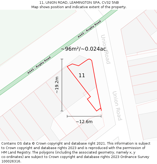 11, UNION ROAD, LEAMINGTON SPA, CV32 5NB: Plot and title map