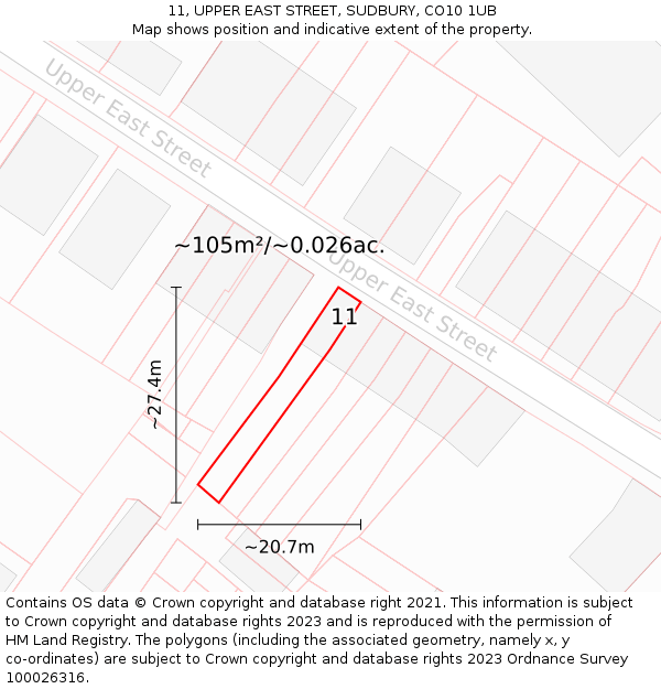 11, UPPER EAST STREET, SUDBURY, CO10 1UB: Plot and title map