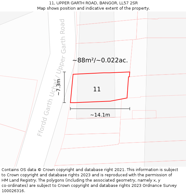 11, UPPER GARTH ROAD, BANGOR, LL57 2SR: Plot and title map