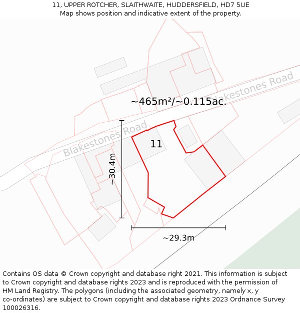 11, UPPER ROTCHER, SLAITHWAITE, HUDDERSFIELD, HD7 5UE: Plot and title map