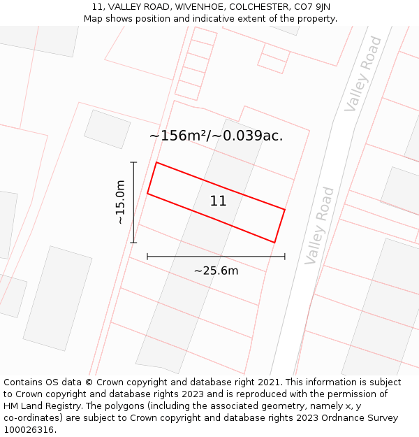 11, VALLEY ROAD, WIVENHOE, COLCHESTER, CO7 9JN: Plot and title map