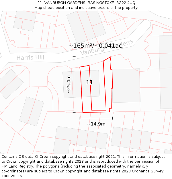 11, VANBURGH GARDENS, BASINGSTOKE, RG22 4UQ: Plot and title map