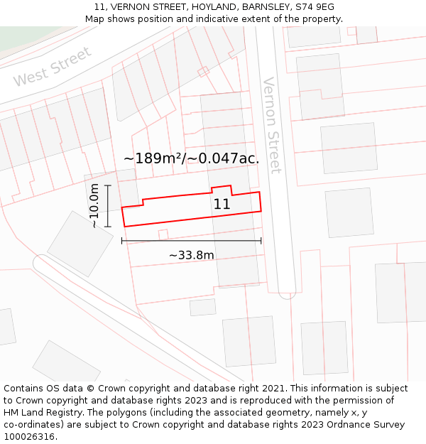 11, VERNON STREET, HOYLAND, BARNSLEY, S74 9EG: Plot and title map