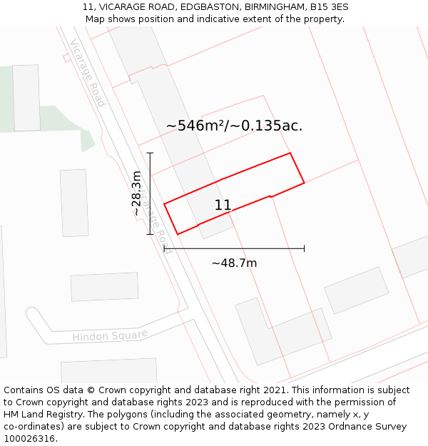 11, VICARAGE ROAD, EDGBASTON, BIRMINGHAM, B15 3ES: Plot and title map