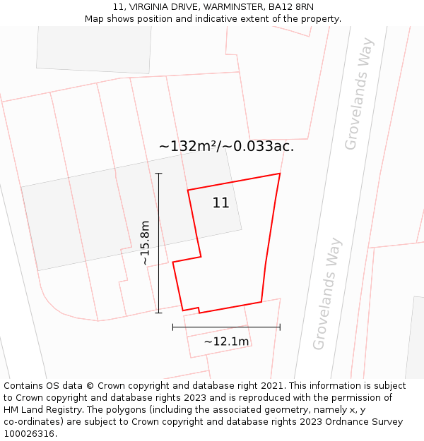 11, VIRGINIA DRIVE, WARMINSTER, BA12 8RN: Plot and title map