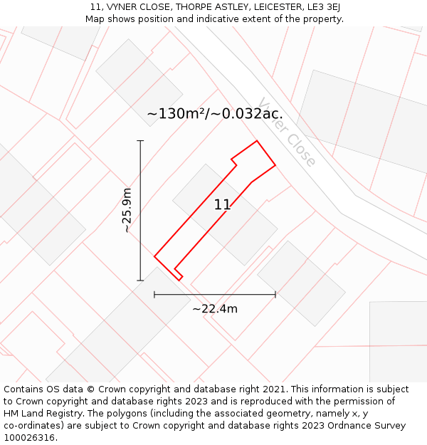 11, VYNER CLOSE, THORPE ASTLEY, LEICESTER, LE3 3EJ: Plot and title map