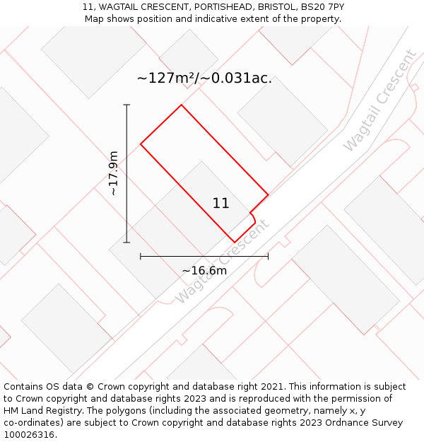 11, WAGTAIL CRESCENT, PORTISHEAD, BRISTOL, BS20 7PY: Plot and title map