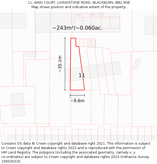 11, WAIN COURT, LIVINGSTONE ROAD, BLACKBURN, BB2 6NE: Plot and title map