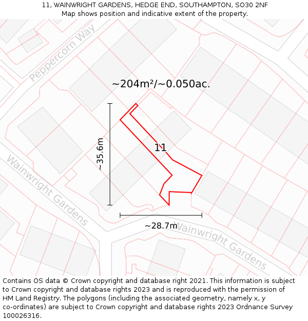 11, WAINWRIGHT GARDENS, HEDGE END, SOUTHAMPTON, SO30 2NF: Plot and title map