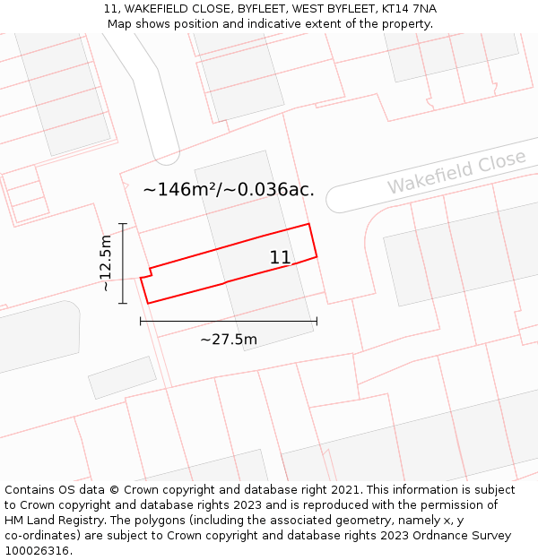 11, WAKEFIELD CLOSE, BYFLEET, WEST BYFLEET, KT14 7NA: Plot and title map
