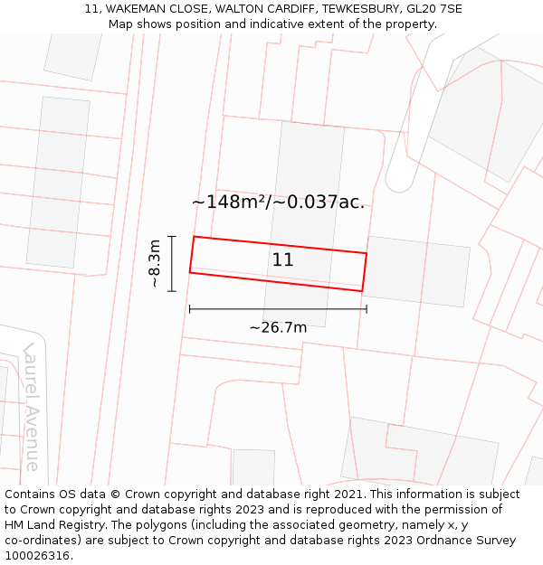 11, WAKEMAN CLOSE, WALTON CARDIFF, TEWKESBURY, GL20 7SE: Plot and title map