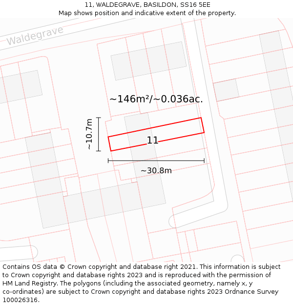 11, WALDEGRAVE, BASILDON, SS16 5EE: Plot and title map