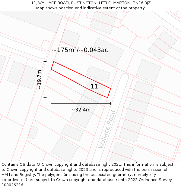 11, WALLACE ROAD, RUSTINGTON, LITTLEHAMPTON, BN16 3JZ: Plot and title map