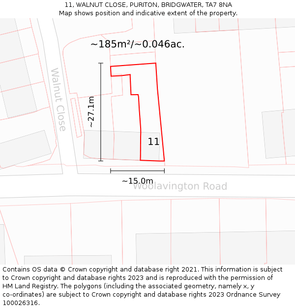 11, WALNUT CLOSE, PURITON, BRIDGWATER, TA7 8NA: Plot and title map