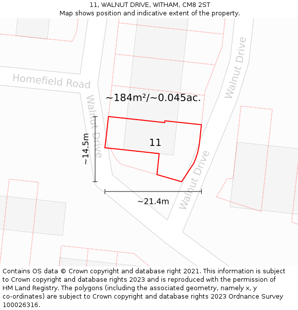 11, WALNUT DRIVE, WITHAM, CM8 2ST: Plot and title map