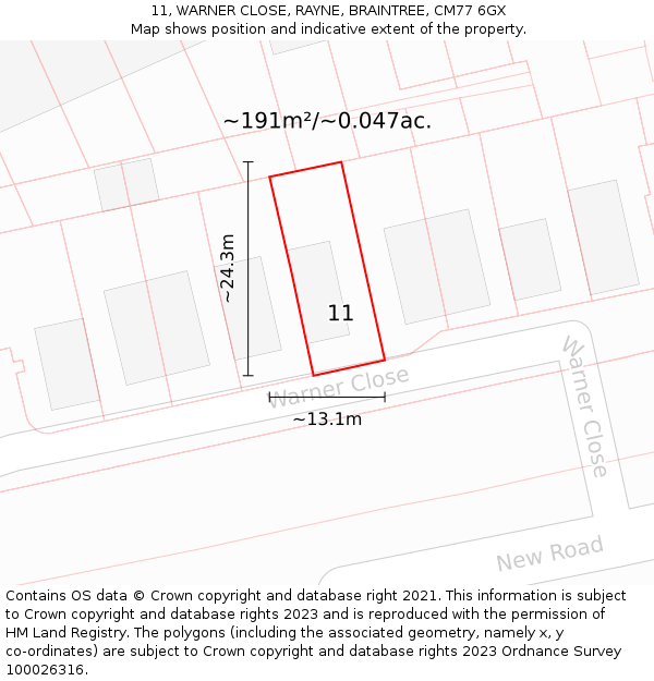 11, WARNER CLOSE, RAYNE, BRAINTREE, CM77 6GX: Plot and title map