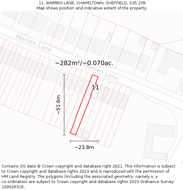 11, WARREN LANE, CHAPELTOWN, SHEFFIELD, S35 2YB: Plot and title map