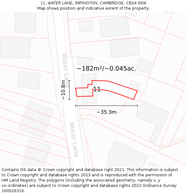 11, WATER LANE, IMPINGTON, CAMBRIDGE, CB24 9XW: Plot and title map