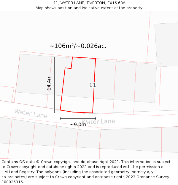 11, WATER LANE, TIVERTON, EX16 6RA: Plot and title map