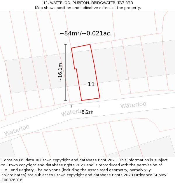 11, WATERLOO, PURITON, BRIDGWATER, TA7 8BB: Plot and title map