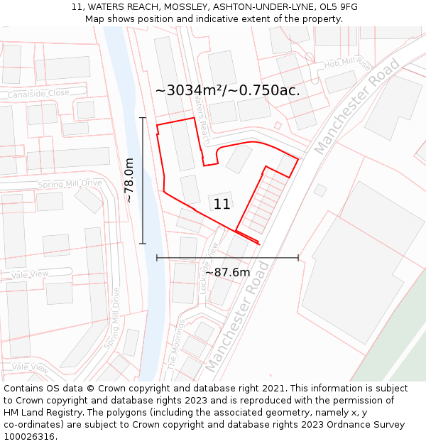 11, WATERS REACH, MOSSLEY, ASHTON-UNDER-LYNE, OL5 9FG: Plot and title map