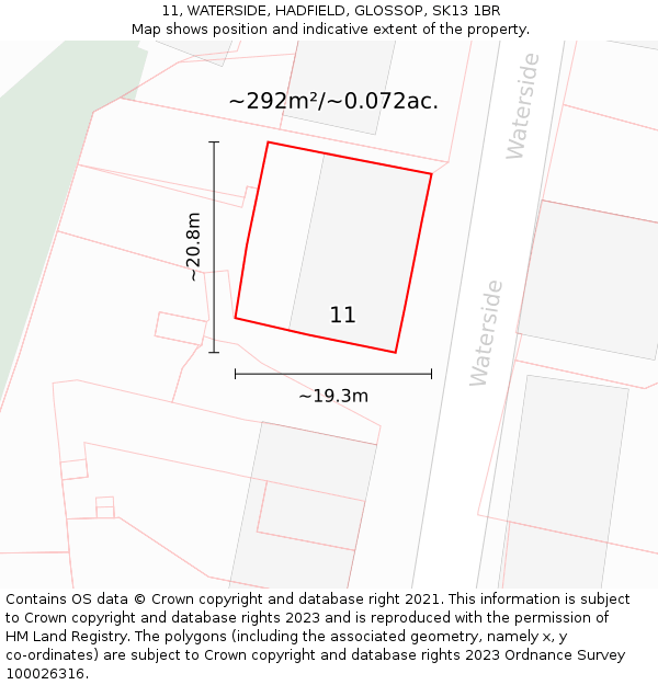 11, WATERSIDE, HADFIELD, GLOSSOP, SK13 1BR: Plot and title map