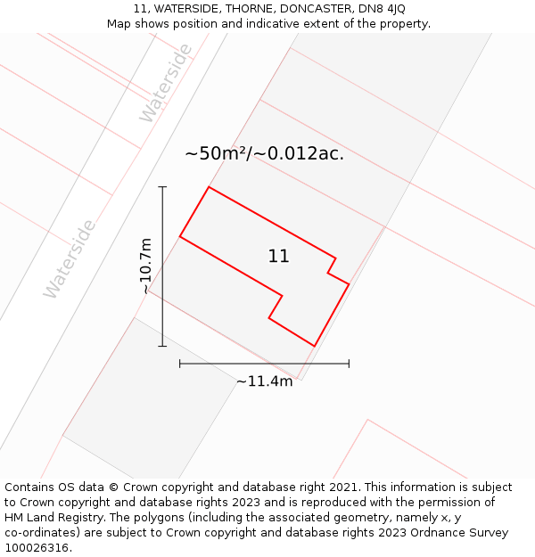 11, WATERSIDE, THORNE, DONCASTER, DN8 4JQ: Plot and title map