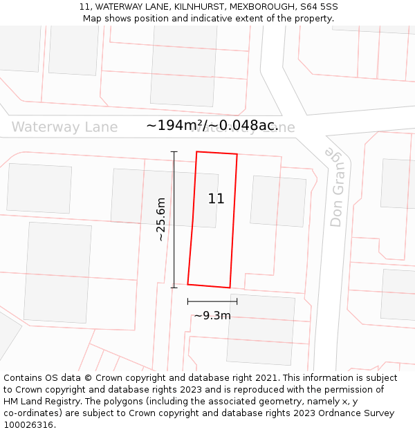11, WATERWAY LANE, KILNHURST, MEXBOROUGH, S64 5SS: Plot and title map