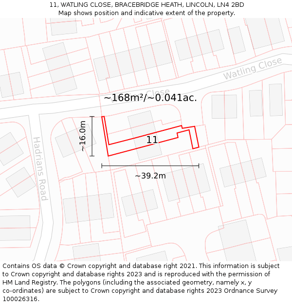 11, WATLING CLOSE, BRACEBRIDGE HEATH, LINCOLN, LN4 2BD: Plot and title map