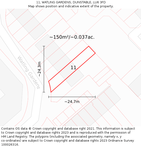 11, WATLING GARDENS, DUNSTABLE, LU6 3FD: Plot and title map