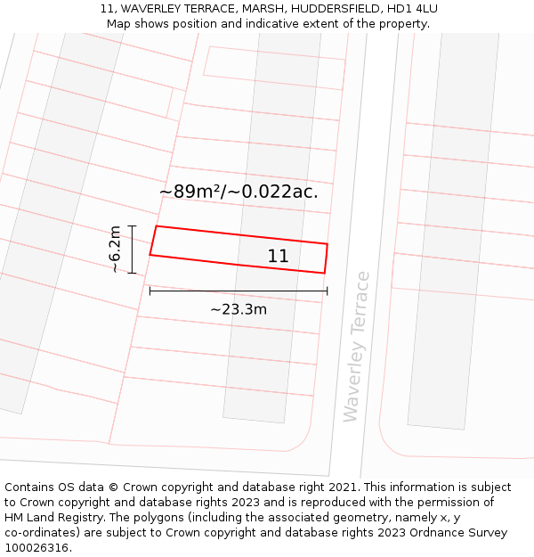 11, WAVERLEY TERRACE, MARSH, HUDDERSFIELD, HD1 4LU: Plot and title map
